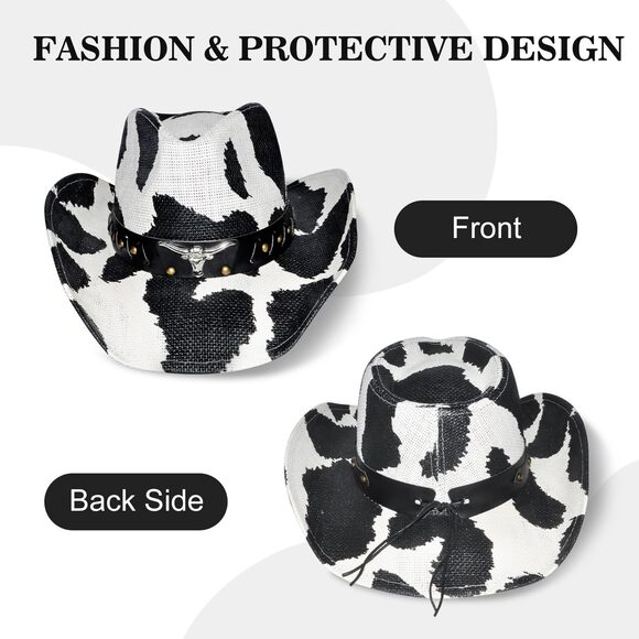 6894 Cow Pattern Straw Cowboy Hat Western With Decorative Bands, Size main image 6